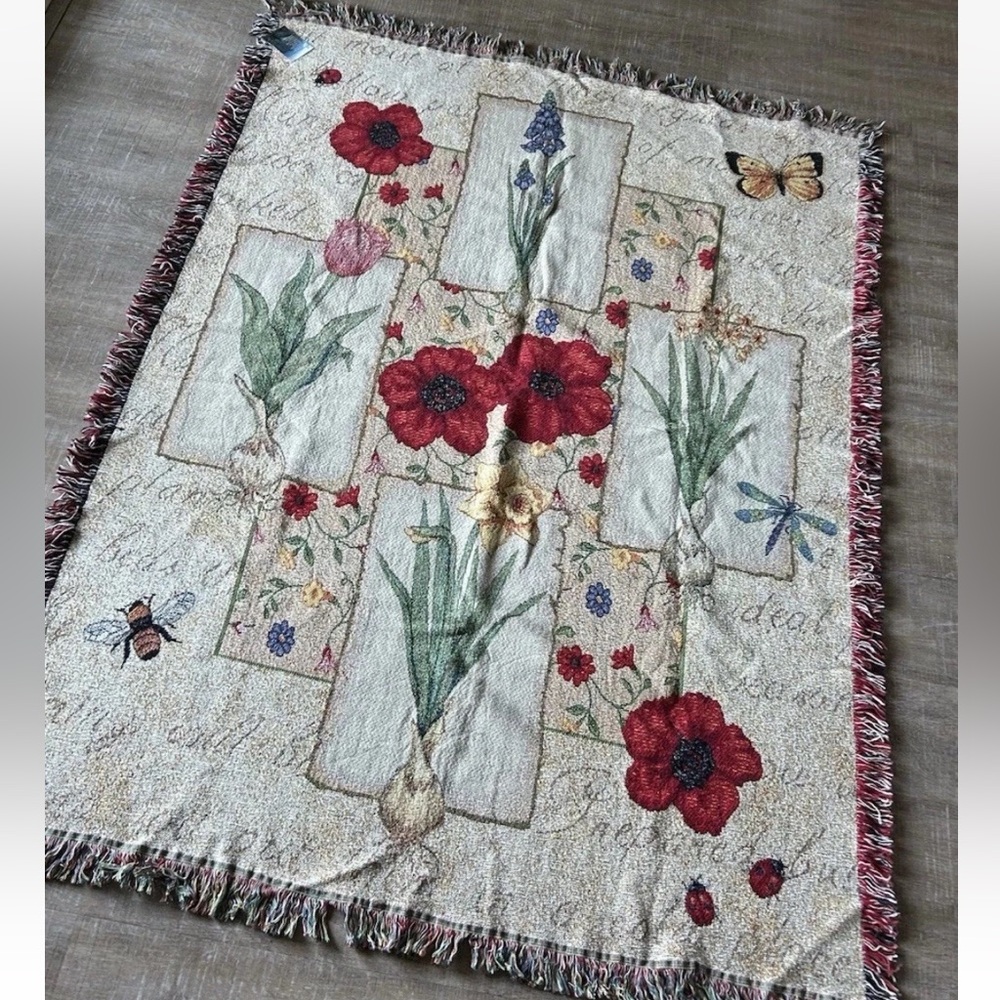 The Manual Woodworkers & Weavers Woven Throw Blanket Festival of Flowers USA NWT